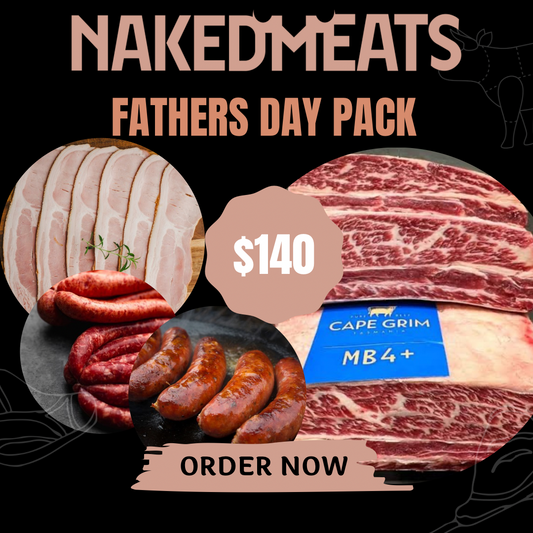 Father’s Day pack!

1kg MB2+ premium Rib Eye 
1kg rindless Bacon 
1 Dozen Eggs 
Chorizo 
Cape grim MB4+ Beef Ribs 
1kg Sausages 
2kg Wings 
1x Naked Meats Stubbie Holder
