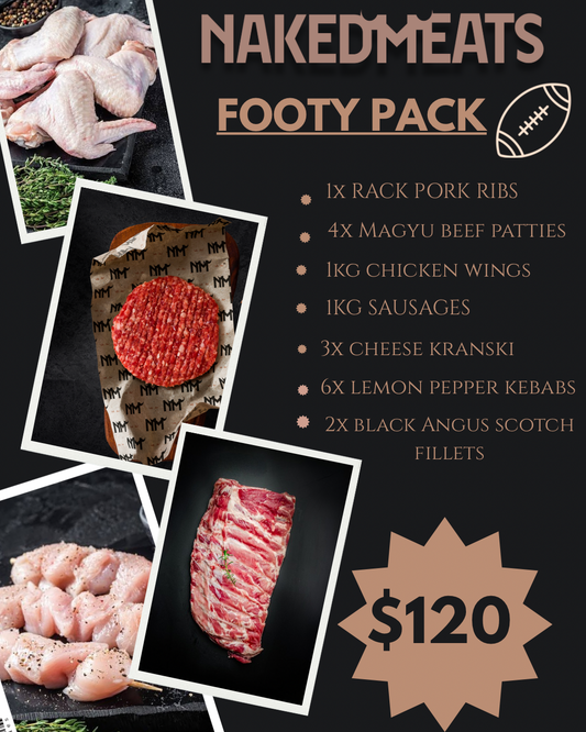 Order your footy pack today!!

✔️1x rack pork ribs 
✔️4x wagyu beef patties 
✔️1kg chicken Wings 
✔️1kg sausages 
✔️3x cheese kranski 
✔️6x lemon pepper kebabs 
✔️2x black Angus scotch fillets